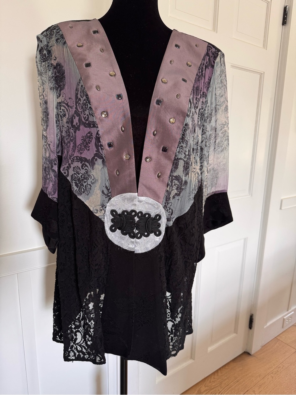 Vintage-inspired Black Lace & Lavender Embellished Kimono